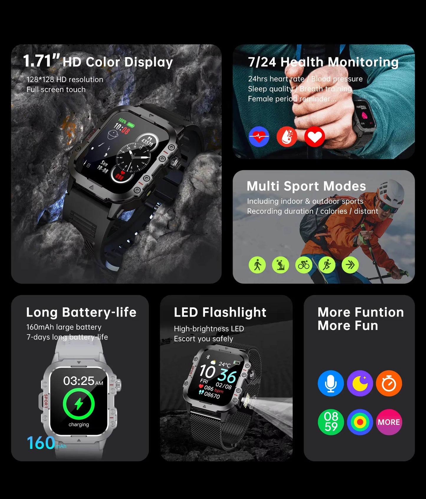 Outdoor Bluetooth Smartwatch with LED Flashlight