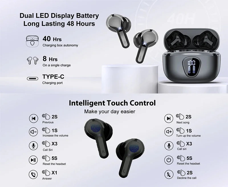 BT5.4 HiFi ENC Wireless Earbuds Waterproof